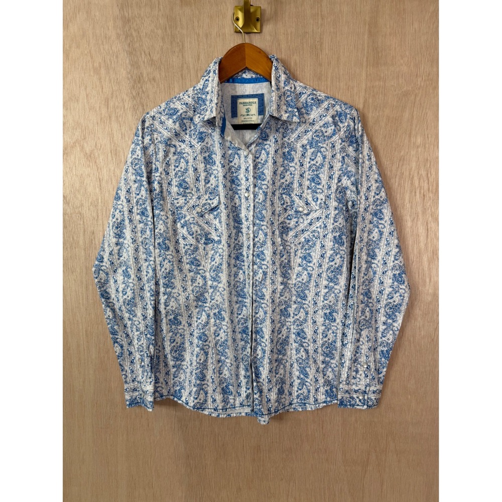 Panhandle Rough Stock Mens Small Blue Paisley Pearl Snap Western Shirt Cotton